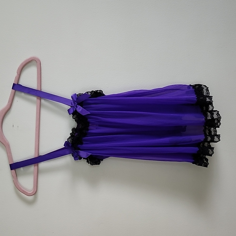 Victoris Secret Black Purple Stretch Mesh Lace Trim Negligee Sexy Pajamas Small